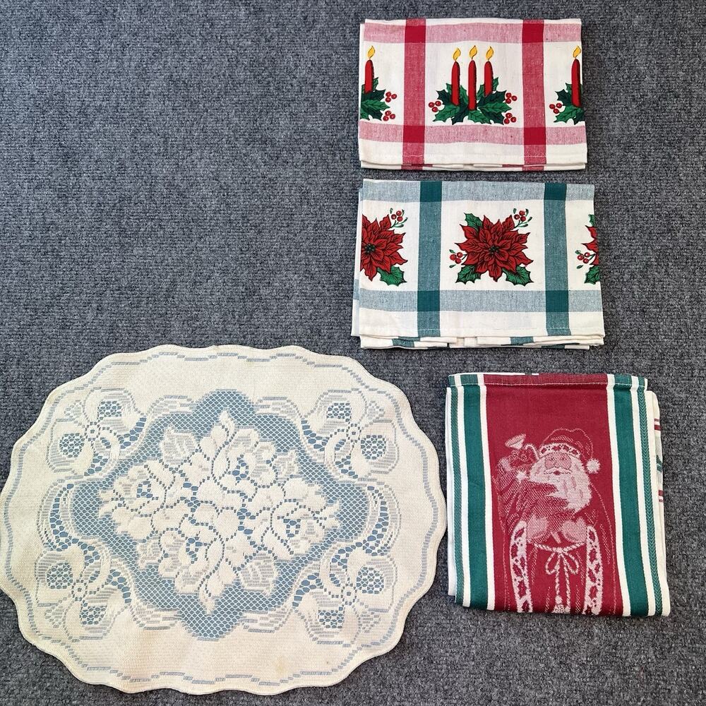 Vintage Christmas Kitchen Towels Lot of 4 Santa Poinsettia Candles Lace Doily